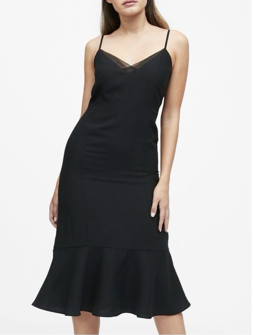 Banana Republic Slip Dress Black Midi Ruffle Hem Mesh Detail Capsule 2 NWT